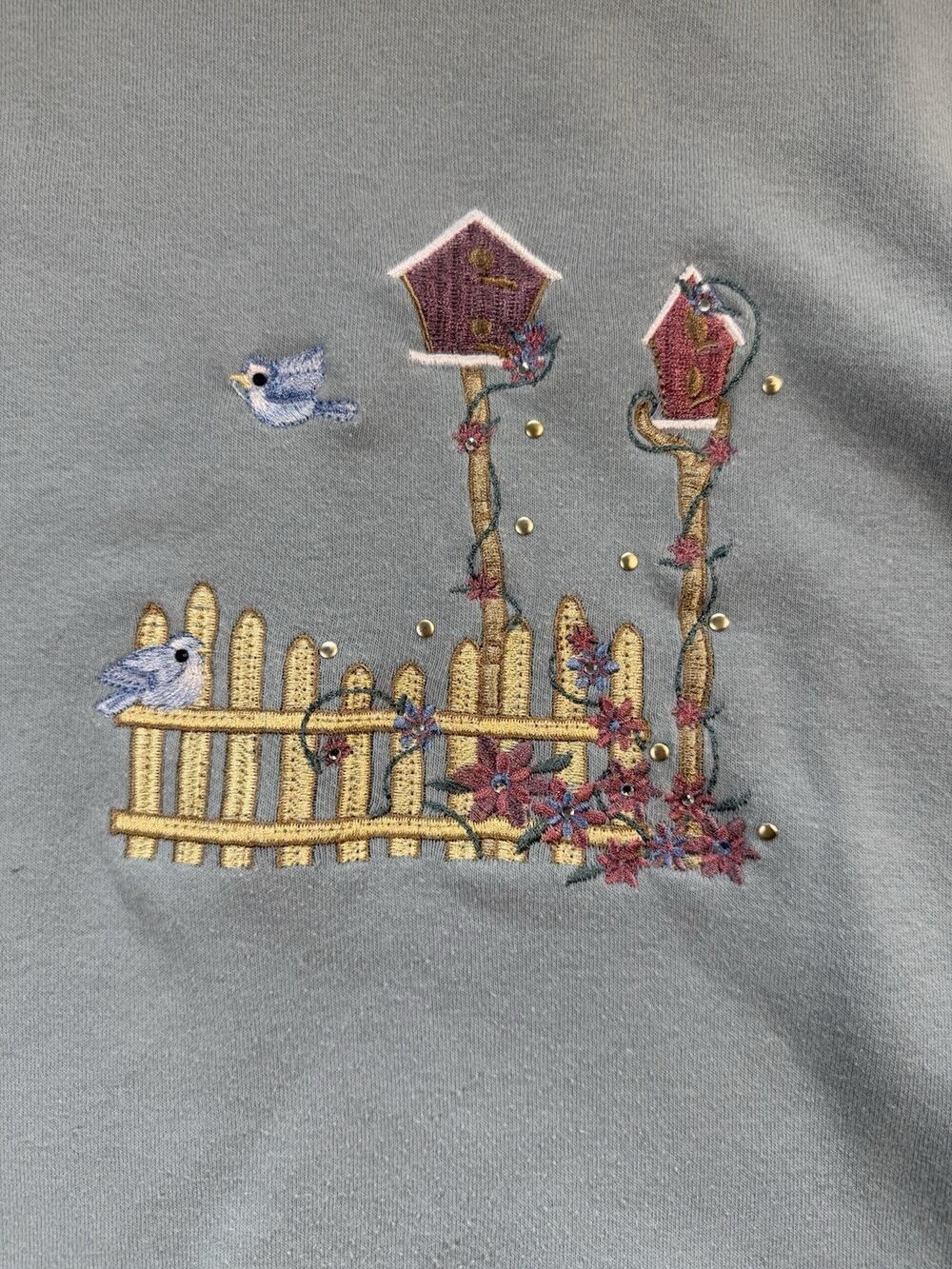 Hastings & Smith sweatshirt embroidered birds fence Cottagecore 1X